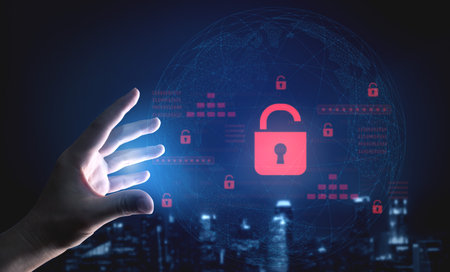 Digital security concept illustrating a cybersecurity breach, with a red unlocked padlock indicating data exposure among secure systems, emphasizing system vulnerability and risk Vouchの写真素材