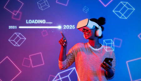 A cheerful young woman enjoys an engaging virtual reality experience, with a loading bar visually representing the transition from 2025 to 2026 in a colorful digital setting.の写真素材