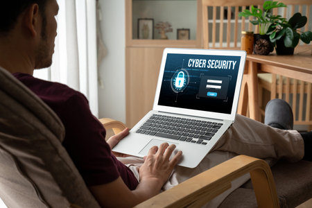 Cyber security system on computer screen protect private information snugly from hacker and cyber...