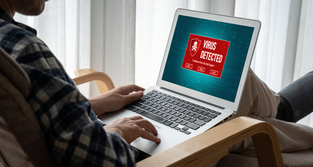 Virus warning alert on computer screen detected modish cyber threat , hacker, computer virus and malwareの写真素材