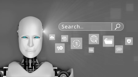 AI boosts SEO with artificial intelligence keyword tools, AI search data insights, and virtual assistant strategies for digital visibility. Kernelの写真素材