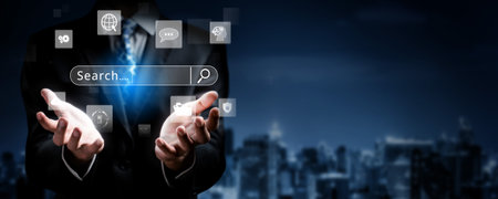 Business person conducts search engine research, extracting valuable data for strategic decisions....