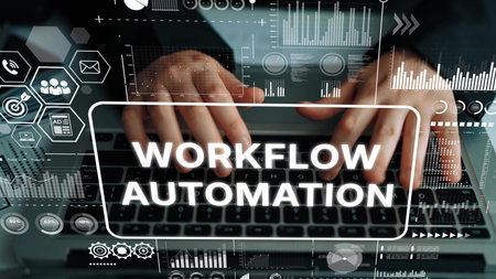 Hands Typing on Laptop Keyboard with Digital Workflow Automation Graphics for Business Efficiency. Asymptotic smart data analytic.の写真素材