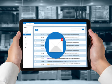 Email notification message showing on computer screen snugly. Digital marketing message information...