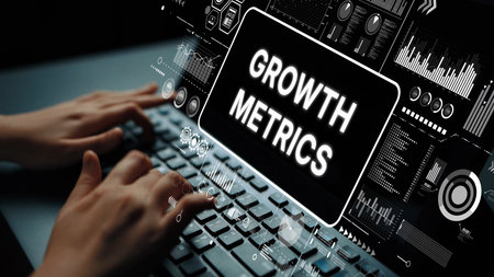 Hands Typing on Keyboard with Growth Metrics Graphical User Interface Elements in Background. Asymptotic smart data analytic.の写真素材