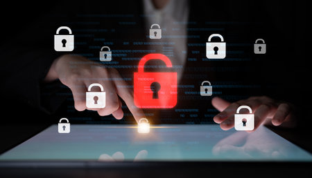Digital security concept illustrating a cybersecurity breach, with a red unlocked padlock indicating...