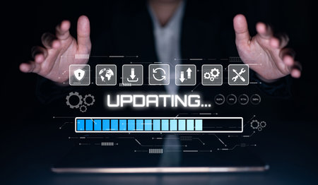 Knowledge upgrade and software updates support digital skills growth, competitiveness, and continuous learning to stay current with new tech trends. Latchの写真素材