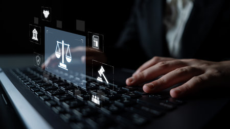 Legal compliance and governance concept showing justice scale, courthouse, contract, policy, agreement, rule, and protection of rights in legal or business environmentの写真素材