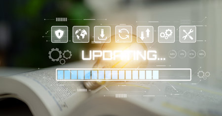 Knowledge upgrade and software updates support digital skills growth, competitiveness, and continuous learning to stay current with new tech trends.の写真素材