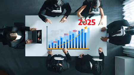 Collaborative business meeting showcasing advanced technology where professionals analyze growth...