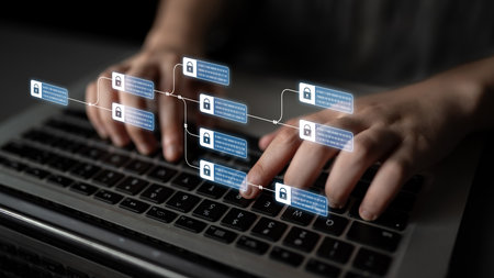 Blockchain structure showing distributed data blocks linked with encryption, representing secure transaction verification, decentralized control, and immutable record systemの写真素材