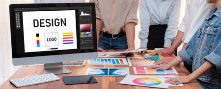 Graphic designer software for modern design of web page and commercial brisk ads showing on the...