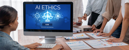 AI ethics responsibility standard law and rules on computer screen provide report of AI ethic transparency preventing technology crime. briskの写真素材