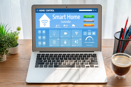 Smart home technology, centric remote control system with digital dashboard for air conditioning, safety security network or house automation. App software, ui panel programming IOT monitor snuglyの写真素材