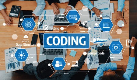 A dynamic view of a collaborative coding session featuring laptops, documents, and charts,...
