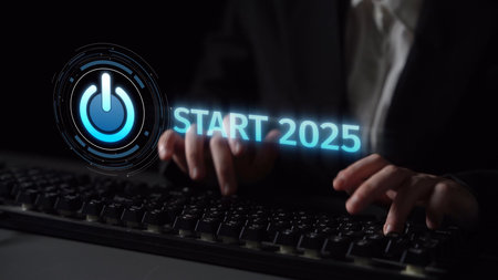 Start 2025 concept with futuristic power button symbolizing fresh beginnings, innovation, and digital transformation. Start 2025, new goals, and start 2025 initiative. Muxerの写真素材