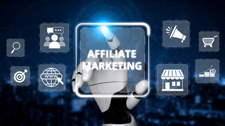 Affiliate marketing connects brands and marketers. Marketing through affiliate links drives sales. Affiliate programs reward. Digital marketing and affiliate strategies boost online revenue. Muxerの写真素材