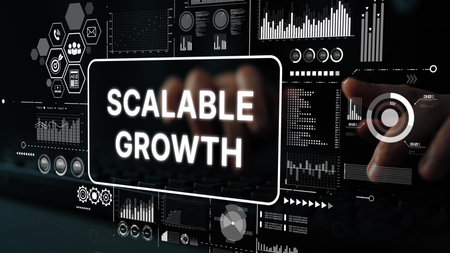 Hands on Keyboard with Digital Interface Displaying Graphs and Metrics for Scalable Growth in Business Strategy and Development. Asymptotic smart data analytic.の写真素材