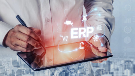 ERP platform visual showing centralized system for enterprise resource planning, improving integration, data flow, business efficiency, finance, inventory, and human resources. Muxerの写真素材