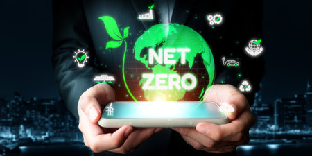 Digital globe with Net Zero surrounded by sustainability icons, representing the goal of reducing...