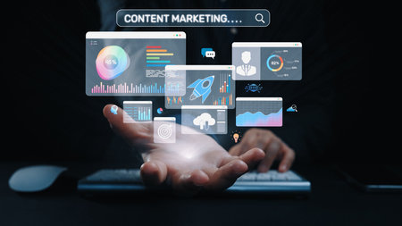 Content marketing interface with data dashboards, analytics charts, and content tools. Marketing success comes from content performance, content planning, and marketing optimization. Elideの写真素材