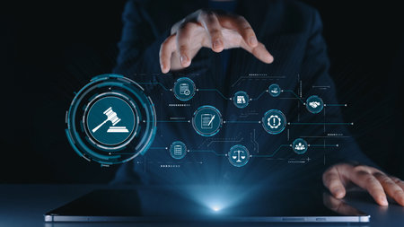 Futuristic digital law interface displaying justice scale, highlighting digital law, AI compliance, digital law systems, and digital law regulations for secure governance. Elideの写真素材