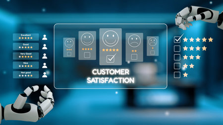 AI analyzes customer reviews with sentiment tools and virtual assistants to improve satisfaction, refine services, and enhance brand reputation.の写真素材