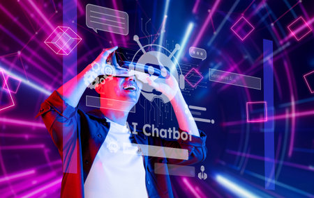 A person wearing virtual reality headset engages with advanced AI chatbot technology, exploring digital interactions and enhancing automation in a vibrant, futuristic setting.の写真素材