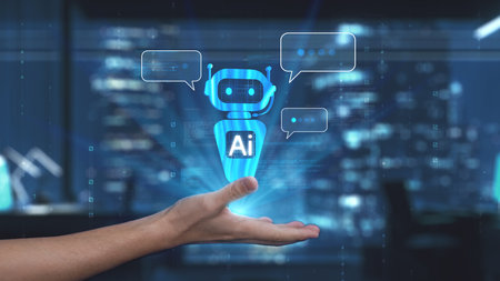 A hand holds a digital AI chatbot illustration emitting speech bubbles in a tech-driven office,...