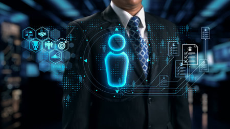 A professional business person stands confidently in front of a vibrant digital interface, showcasing holographic graphics that represent innovation, data analysis, and technology growth. Qubitの写真素材