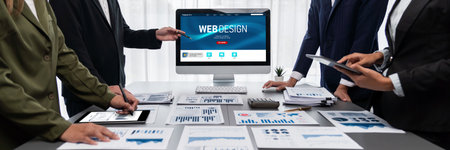 Panorama shot analyst team utilizing BI Fintech to analyze financial report with laptop. Businesspeople analyzing BI data dashboard displayed on laptop screen for business insight. Prodigyの写真素材