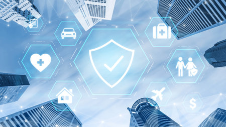 Security and insurance concept showing protection coverage for health, travel, home, car, life, and...
