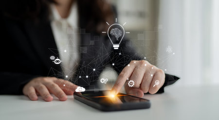 AI innovation with neural network and digital transformation. AI innovation drives automation,...