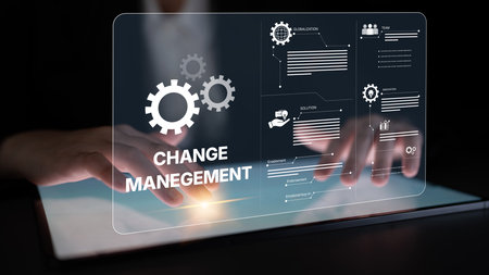 Change management strategy combining innovation, globalization, and teamwork to enable business transformation and emotional engagement in modern organizationsの写真素材