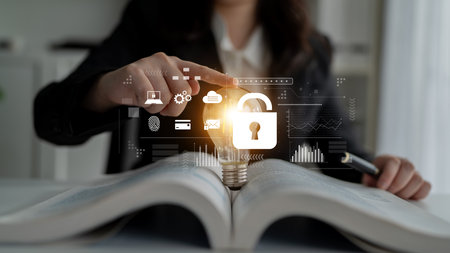 Digital cyber security lock system highlighting data security encryption, cyber password protection,...