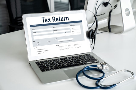 Online tax return form for submitting individual income tax return form snugly on the internet website. Government web for tax payment and return. Taxation technology concept.の写真素材