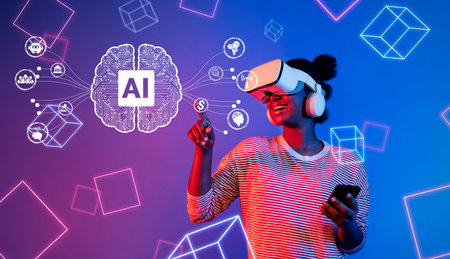A cheerful woman wearing a VR headset interacts with digital representations of artificial intelligence in a lively, colorful space showcasing technology and innovation.の写真素材