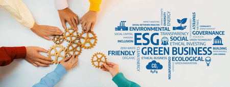 Collaborative Hands Assembling Gears on a Table with ESG and Green Business Concepts Illustrated in...