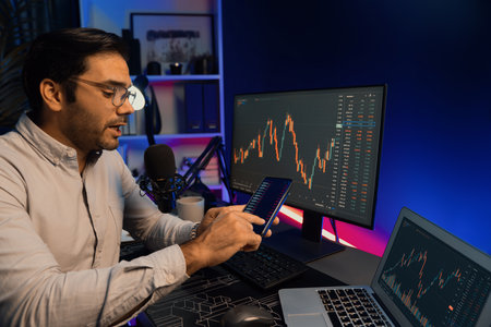 Trader smart businessman using smartphone for searching and analyzing in dynamic stock exchange...