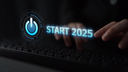 Start 2025 concept with futuristic power button symbolizing fresh beginnings, innovation, and...