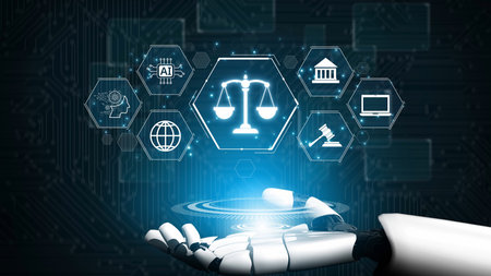 Futuristic digital law interface displaying justice scale, highlighting digital law, AI compliance, digital law systems, and digital law regulations for secure governance. Muxerの写真素材