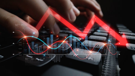 Economic caution visualized with fluctuating market graph, alert symbols, and negative data trends. Represents financial risk, market volatility, and economic uncertainty. Muxerの写真素材