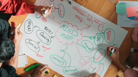 Top down view of business team working together by using mind map brainstorming idea and sharing marketing strategy..Business people wearing casual cloth while planning start up project. Convocation.の写真素材