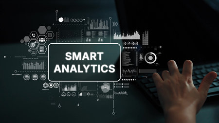 Smart Analytics Concept with Graphs, Charts, and Data Visualizations on Dark Background with Hand on Keyboard. Asymptotic smart data analytic.の写真素材