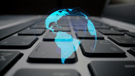 Global network connection visualization showing data exchange, digital link, worldwide communication. Global data flow and digital network infrastructure connecting regions around the world. Thunkの写真素材