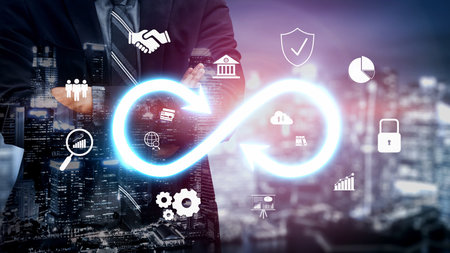 Infinity concept, limitless business potential, innovation opportunities, forward-thinking strategy, and embracing endless possibilities for creative growth and future development. Muxerの写真素材