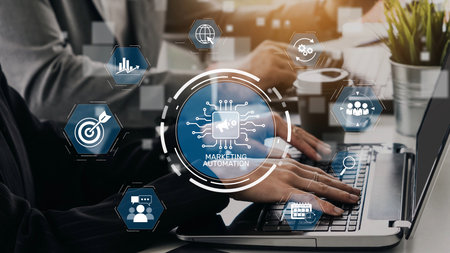Marketing automation diagram showcase AI-driven campaign workflow, highlight marketing automation, data-driven strategy, marketing automation tools, and market automation process in business.の写真素材