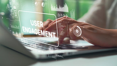 Hands Typing on Laptop with User Engagement Graphics and Digital Analytics Overlay for Marketing and...