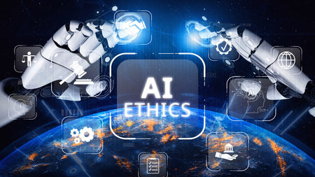 AI is transforming society, raising important ethics questions. Ethics in AI design ensures fairness. AI ethics promote responsible decisions. Balancing AI power with strong ethics is essential. Muxerの写真素材
