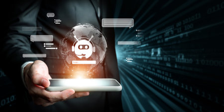 Human interact with AI artificial intelligence virtual assistant chatbot in concept of AI artificial intelligence prompt engineering, LLM AI deep learning to use generative AI for work support. FaaSの写真素材